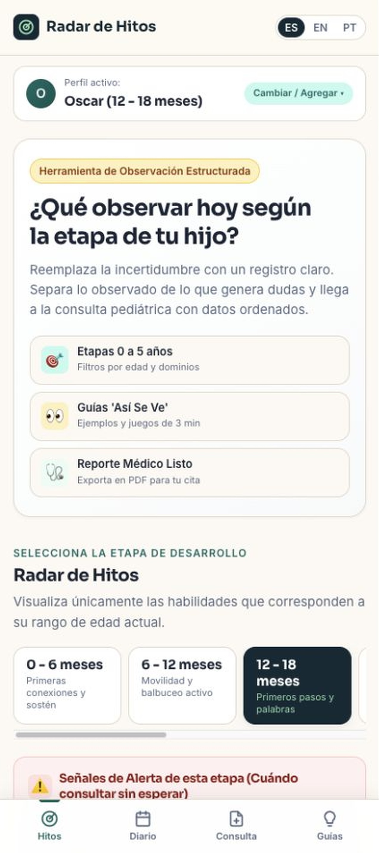 Captura real de Radar de Hitos: perfil, etapas y registro de observaciones con datos de ejemplo.